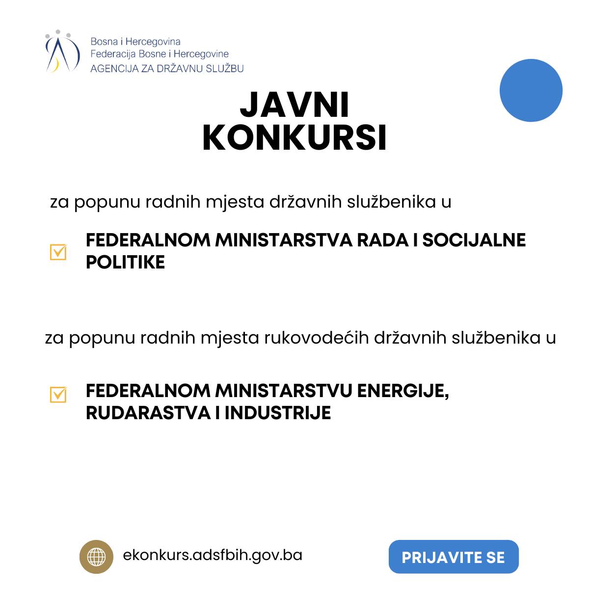 Objavljeni javni konkursi za popunu radnih mjesta državnih službenika